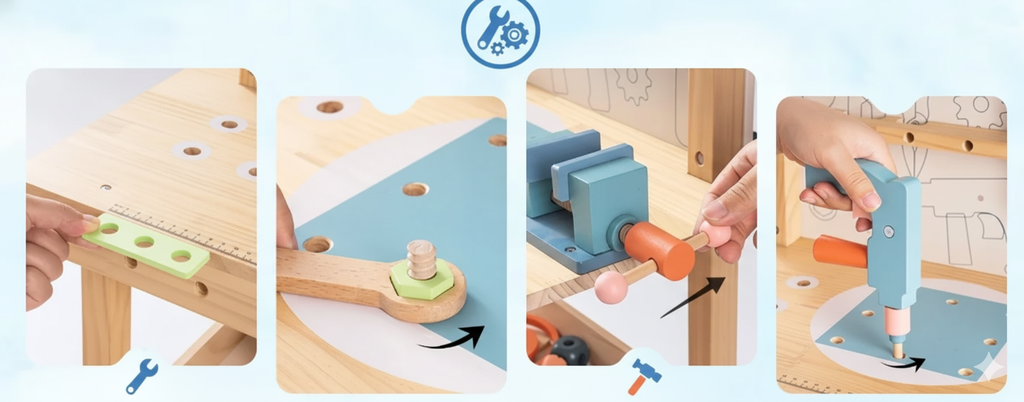 Robotime Robud - Banco da Lavoro in Legno Multifunzionale - L'Officina di Bricolage Ideale per Bambini (3+ Anni)