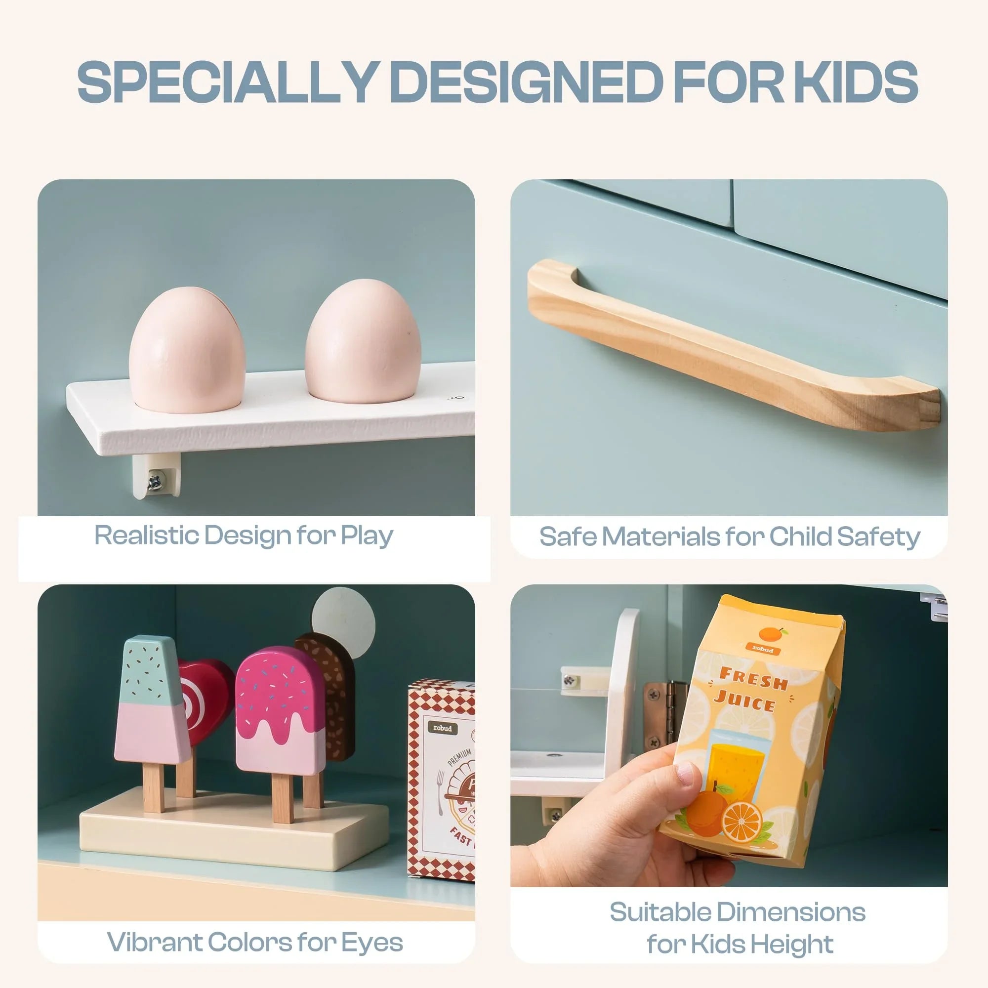 Robotime Robud - Set 3-in-1 Cucina ed Elettrodomestici in Legno (Forno, Frigo, Lavatrice) - Giocattolo di Imitazione Premium Blu