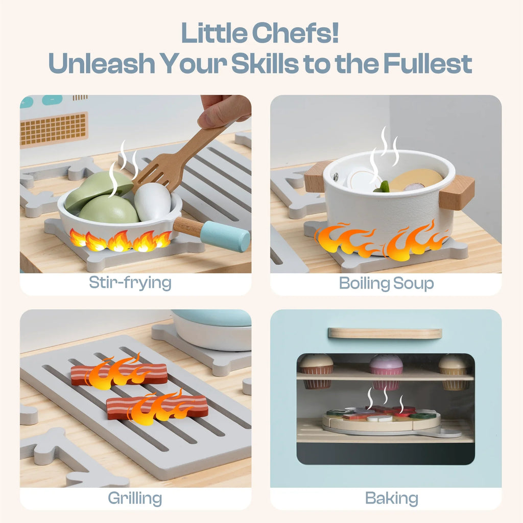 Robotime Robud - Set 3-in-1 Cucina ed Elettrodomestici in Legno (Forno, Frigo, Lavatrice) - Giocattolo di Imitazione Premium Blu