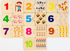 Montessori 4-in-1 Logic Game: Educational Wooden Puzzle (Numbers, Animals, Food) with Metal Box