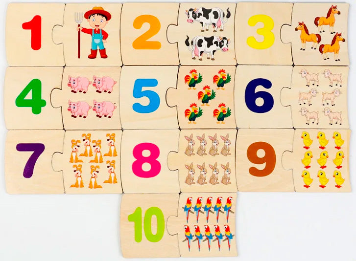 Montessori 4-in-1 Logic Game: Educational Wooden Puzzle (Numbers, Animals, Food) with Metal Box