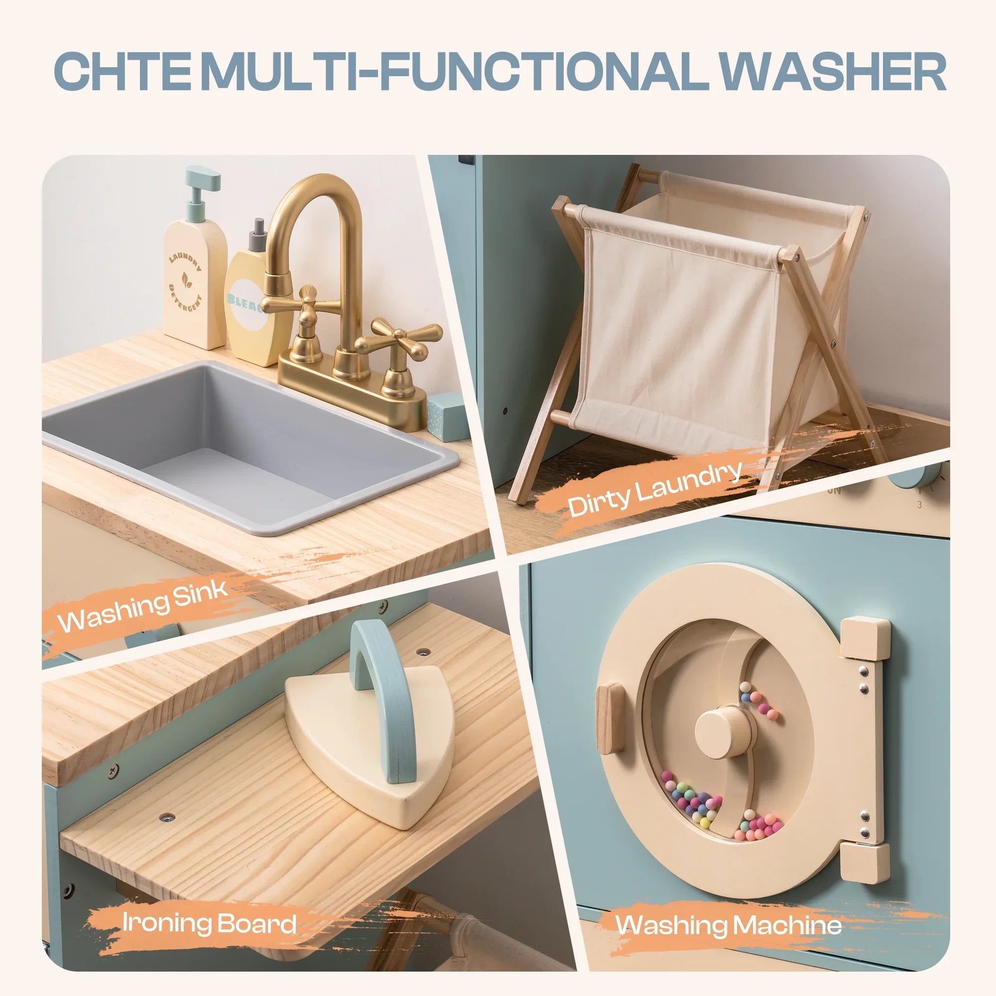 Robotime Robud - Set 3-in-1 Cucina ed Elettrodomestici in Legno (Forno, Frigo, Lavatrice) - Giocattolo di Imitazione Premium Blu