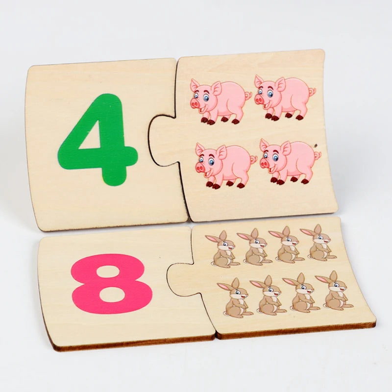 Montessori 4-in-1 Logic Game: Educational Wooden Puzzle (Numbers, Animals, Food) with Metal Box
